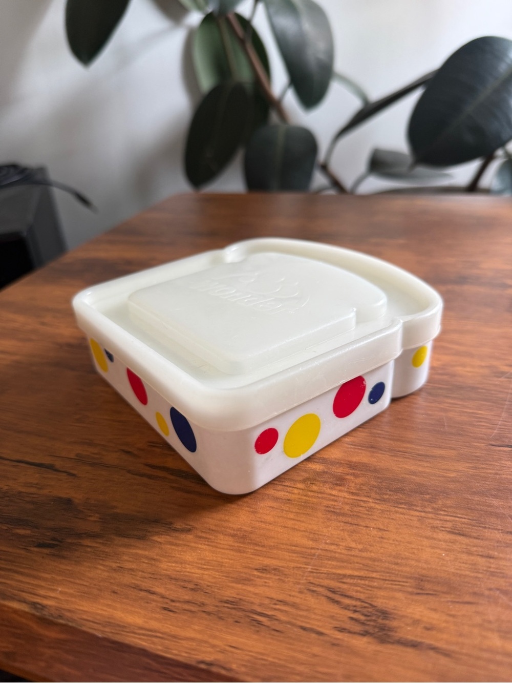 2006 Wonder bread White Retro Polka Dot Plastic Container - Yellow Red Blue Dots